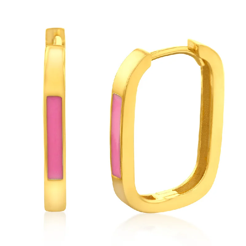 vintage gemstone earrings for women -9ct Yellow Gold Pink Enamel On Square Hoop Earrings