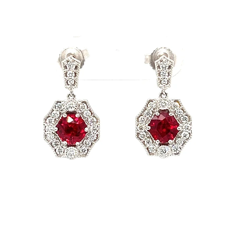 radiant gemstone dangle earrings for women -18k White Gold Ruby & Diamond Dangle Earrings by IJC