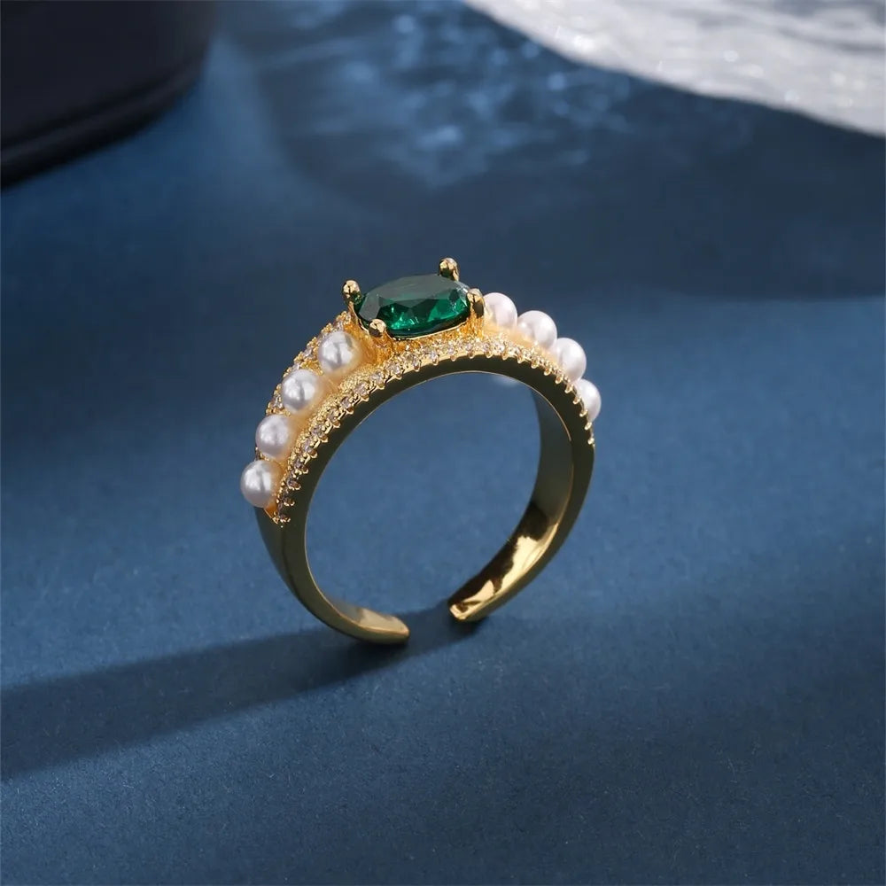 vintage wedding bands with emeralds for women -Copper 18K Gold Plated Vintage Style Classic Style Inlay Geometric Artificial Pearls Zircon Open Rings