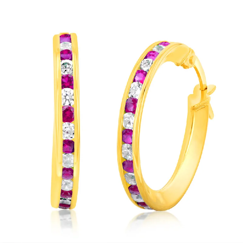 exquisite gemstone earrings for women -9ct Yellow Gold Silverfilled Red Cubic Zirconia 15mm Hoop Earrings