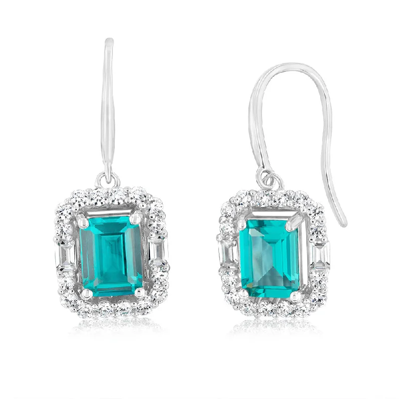 glittery earrings for women -Sterling Silver Rhodium Plated White And Emerald Green Cubic Zirconia Rectangular Drop Earrings