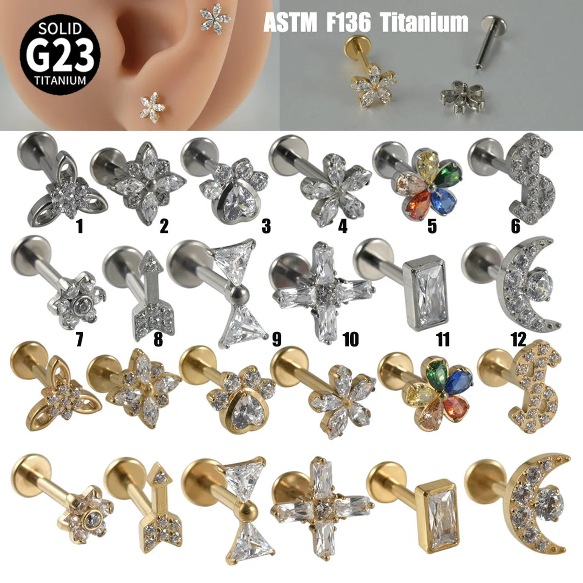 vintage platinum rings for women -1 Piece Lip Rings Casual Tropical Star Flower G23 Titanium Polishing Plating Zircon 18K Gold Plated Lip Rings Ear Cartilage Rings & Studs