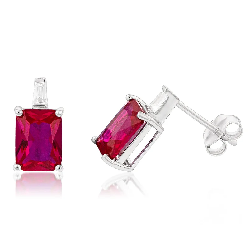 elegant hoop earrings for women -Sterling Silver Rhodium Plated Created Ruby And Cubic Zirconia Stud Earrings