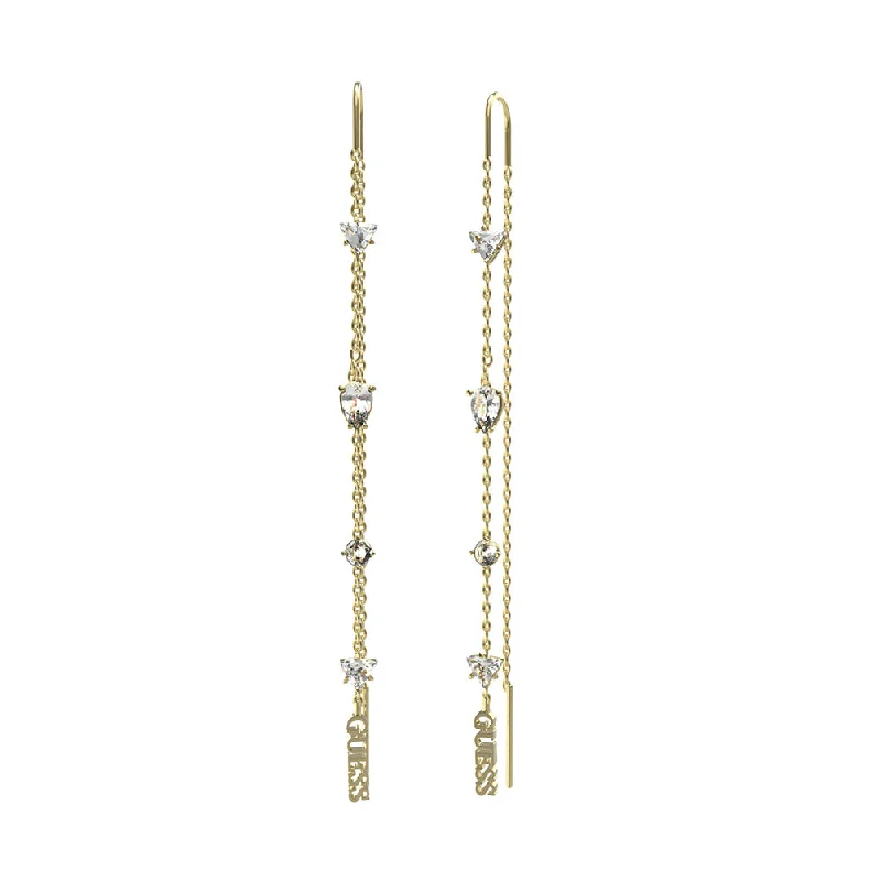 modern hoop earrings for women -Guess Gold Plated Stainless Steel 75mm Chains And Crystal Threader Drop Earrings