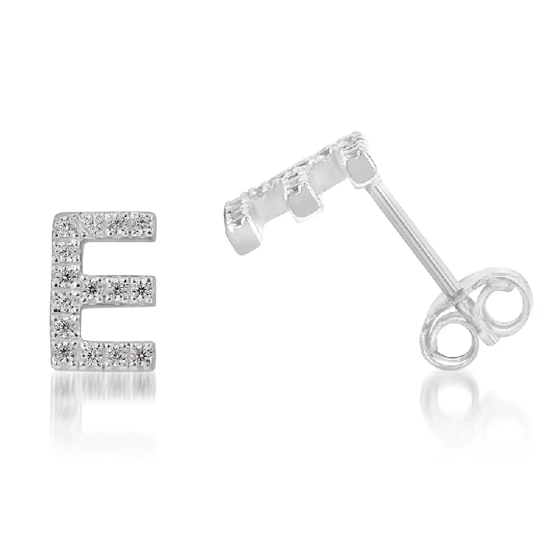 bold earrings with crystals for women -Sterling Silver Cubic Zirconia Initial "E" Stud Earrings