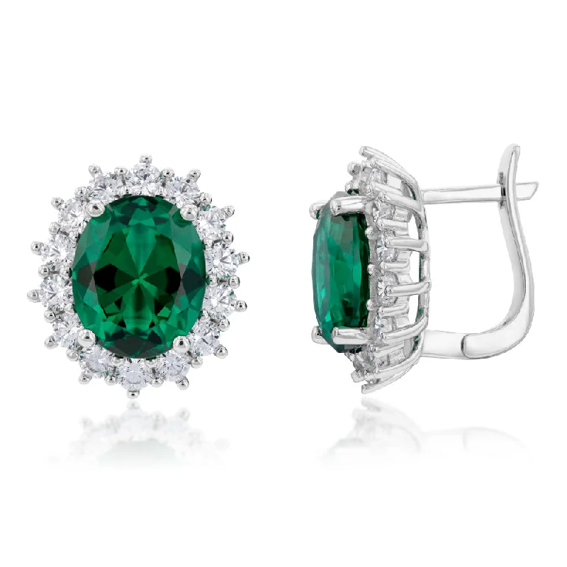 luxury drop earrings for women -Sterling Silver Rhodium Plated Emerald-Green Cubic Zirconia Oval Earrings