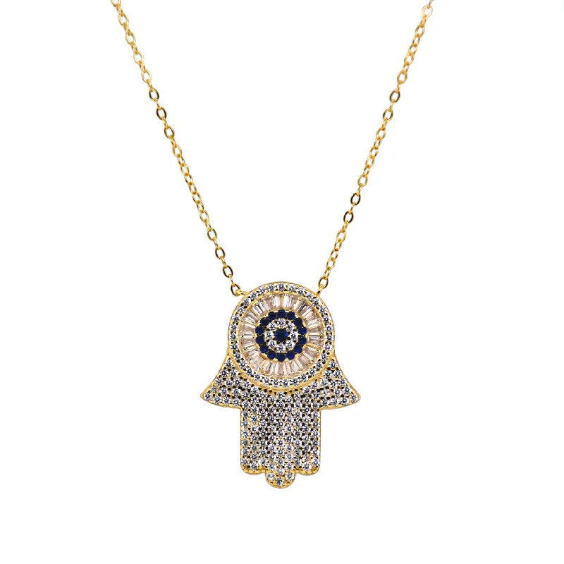 elegant heart-shaped necklaces for women -"BIG HAMSA" Charm Pave CZ Large Necklace