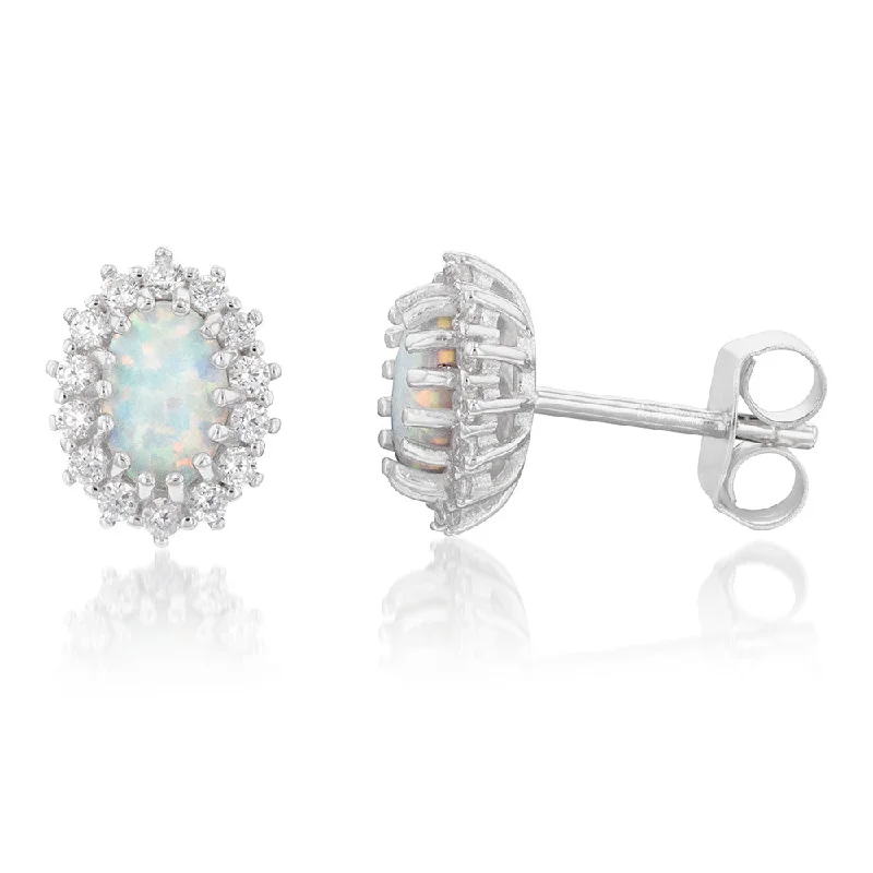 elegant pendant earrings for women -Sterling Silver Rhodium Plated Cubic Zirconia Synthetic Opal Round Stud Earrings