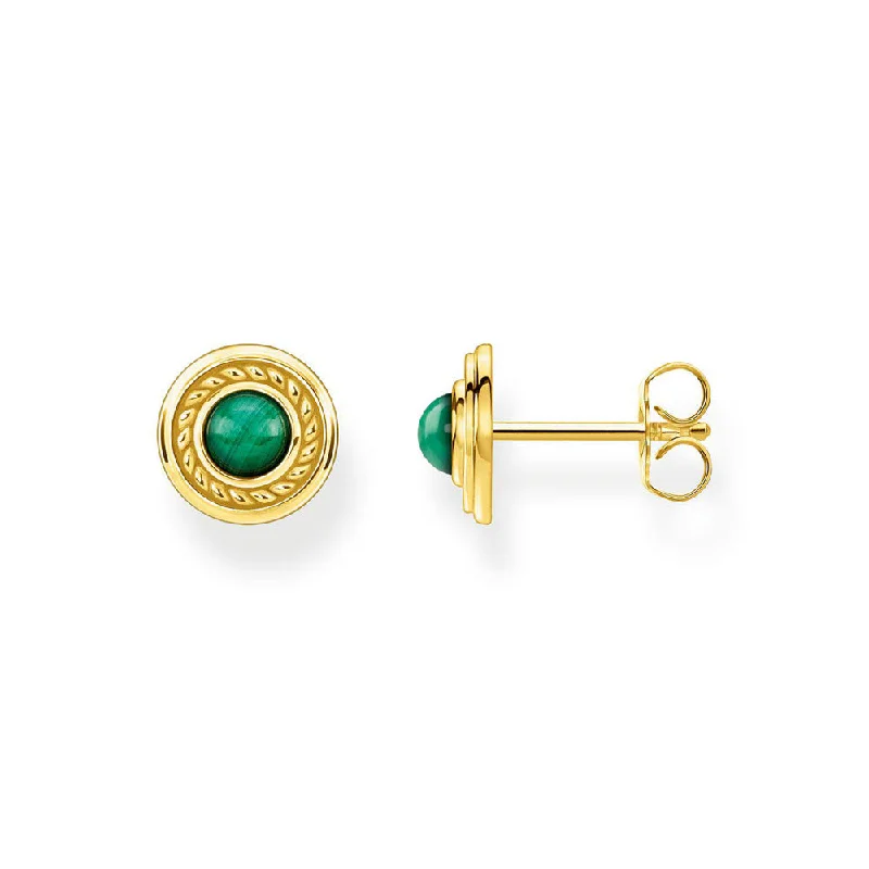 trendy drop earrings with crystals for women -Gold Plated Sterling Silver Thomas Sabo Magic Garden Malachite Stud Earrings