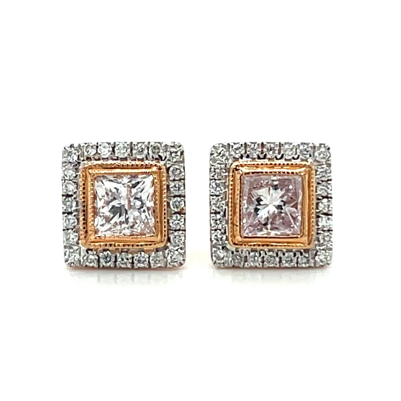 sparkling silver earrings for women -18k Two Tone Gold Fancy Color Diamond Princess Cut Halo Stud Earrings