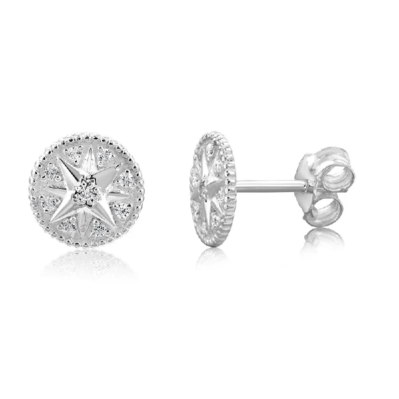 small stud earrings for women -Sterling Silver Cubic Zirconia Star On Round Stud Earrings