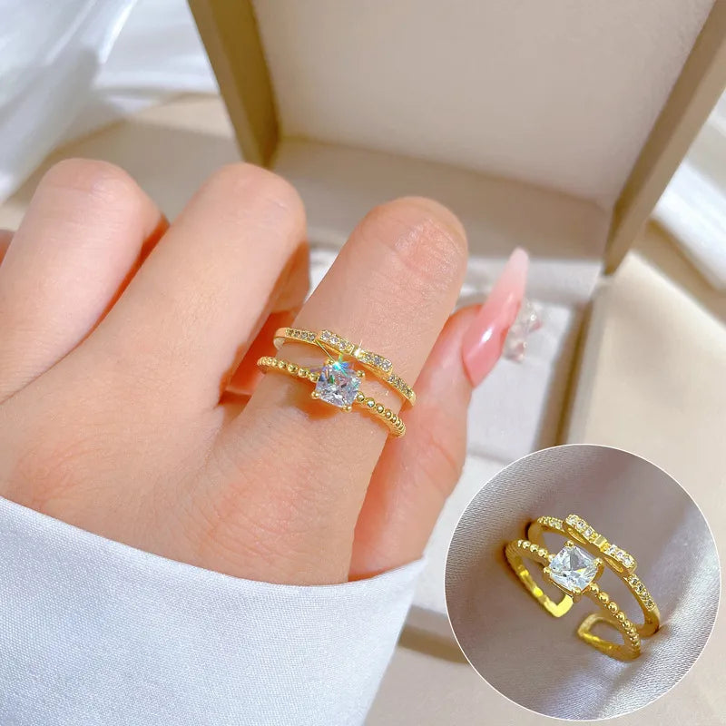 women’s gold engagement rings with diamonds -Simple Style Classic Style Color Block Square Brass Gold Plated Artificial Gemstones Open Rings In Bulk