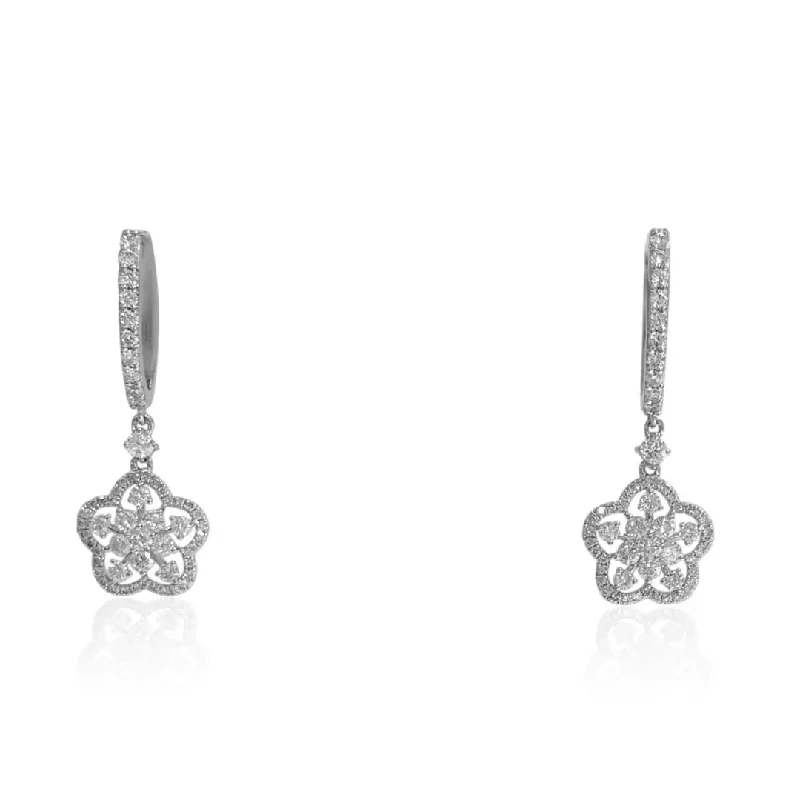 elegant gemstone stud earrings for women -White Gold Floral Diamond Hanging Earrings