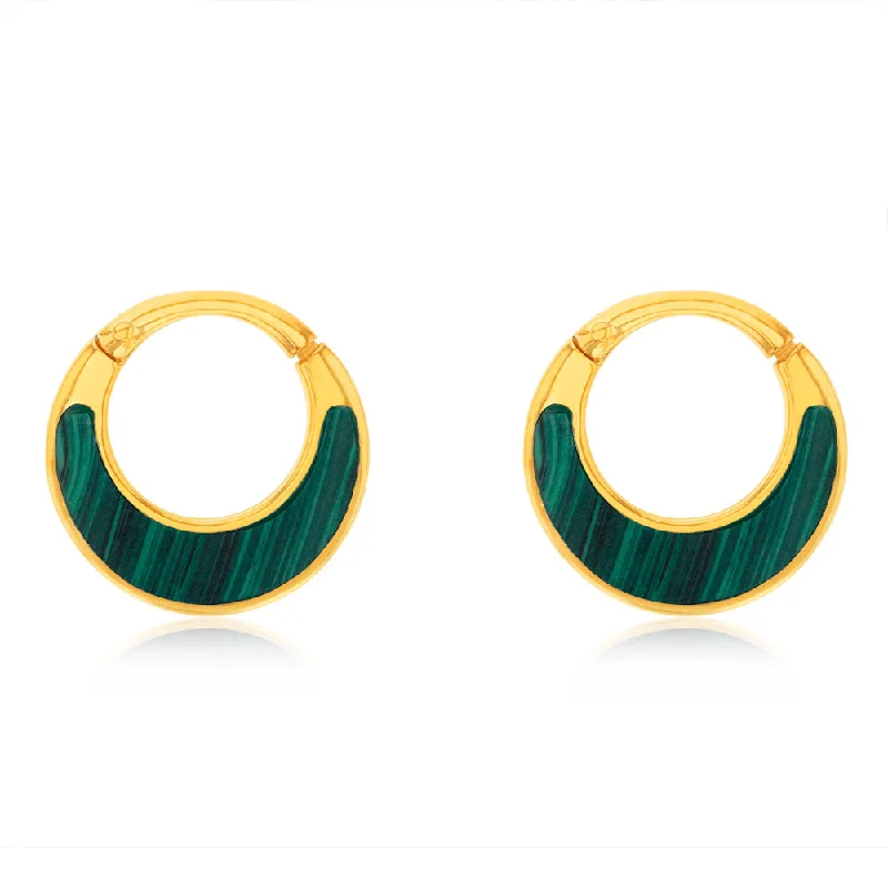 crystal earrings for women -9ct Sterling Silver Gold Plated Fancy Natural Malachite Hoop Earrings