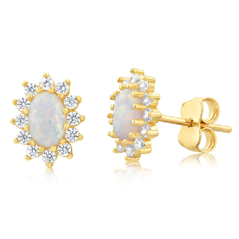 large gemstone earrings for women -9ct Yellow Gold Opal And Cubic Zirconia Oval Stud Earrings