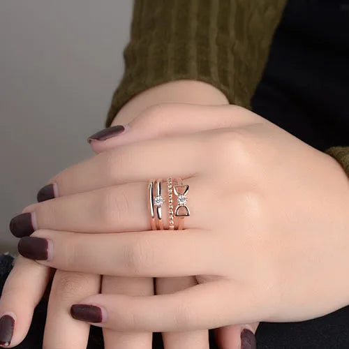 platinum rings for women with diamonds -Copper Elegant Lady Sweet Inlay Bow Knot Zircon Open Rings