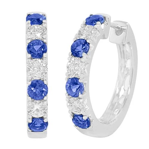 radiant earrings with gemstones for women -18k White Gold Blue Sapphire & Diamond Hoop Earrings