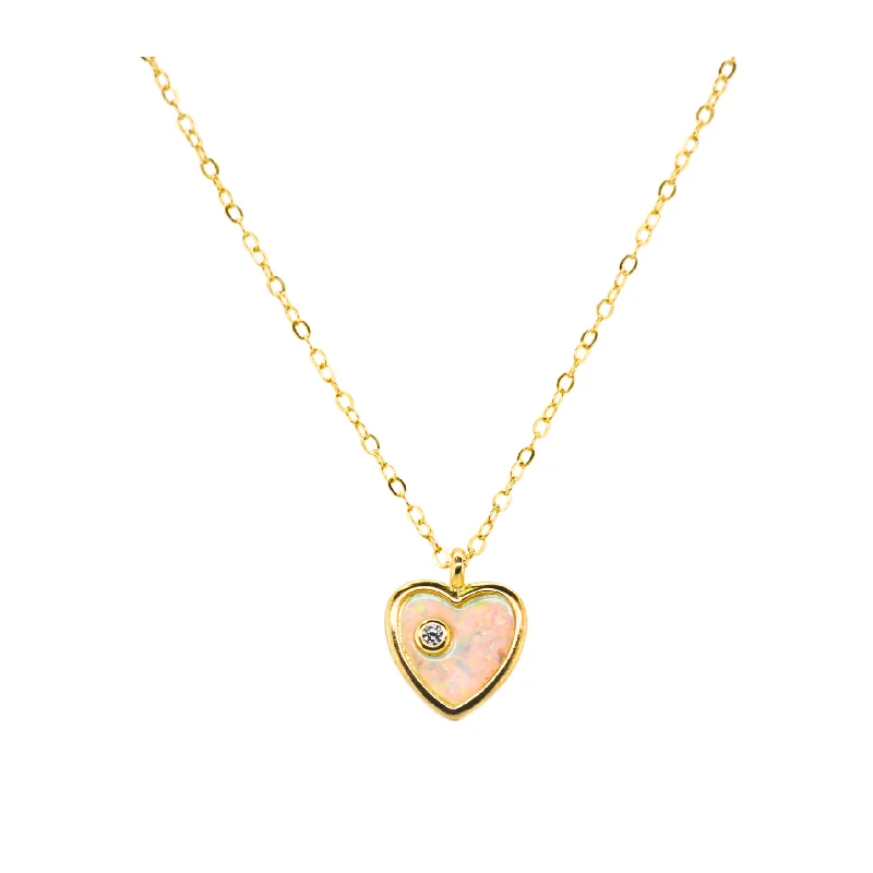 gold statement necklaces for women -"HEART + SOLITAIRE" CZ and Opal Necklace