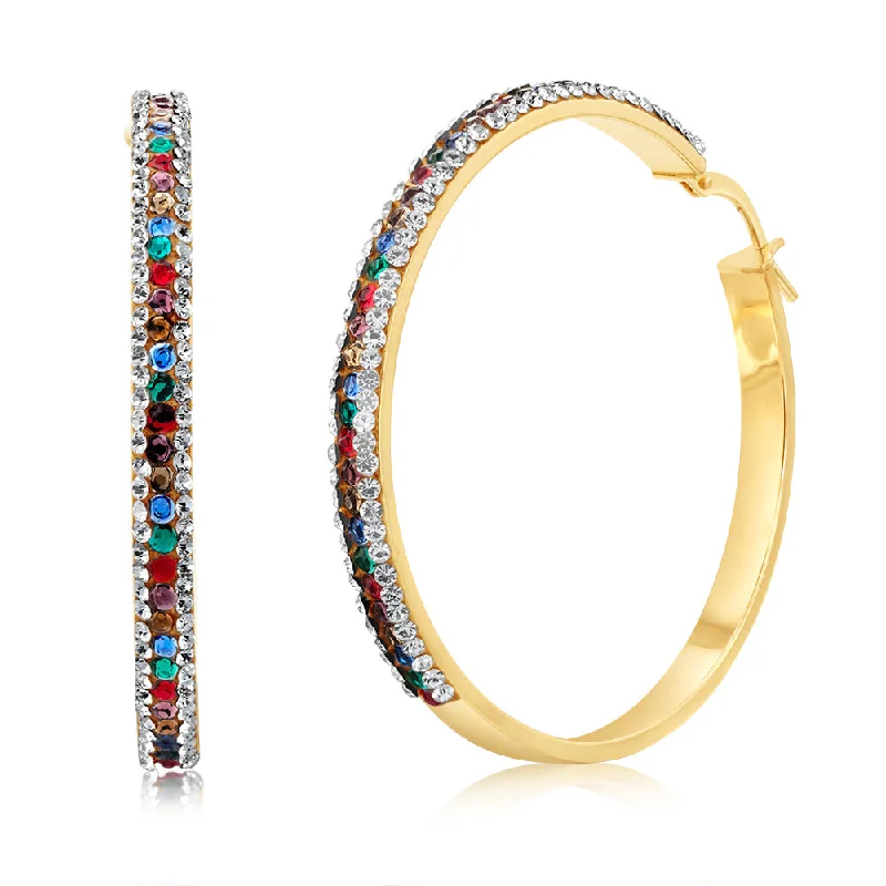 bold gemstone hoop earrings for women -9ct Yellow Gold Silverfilled Multicolour And White Crystal 40mm Broad Hoop Earrings