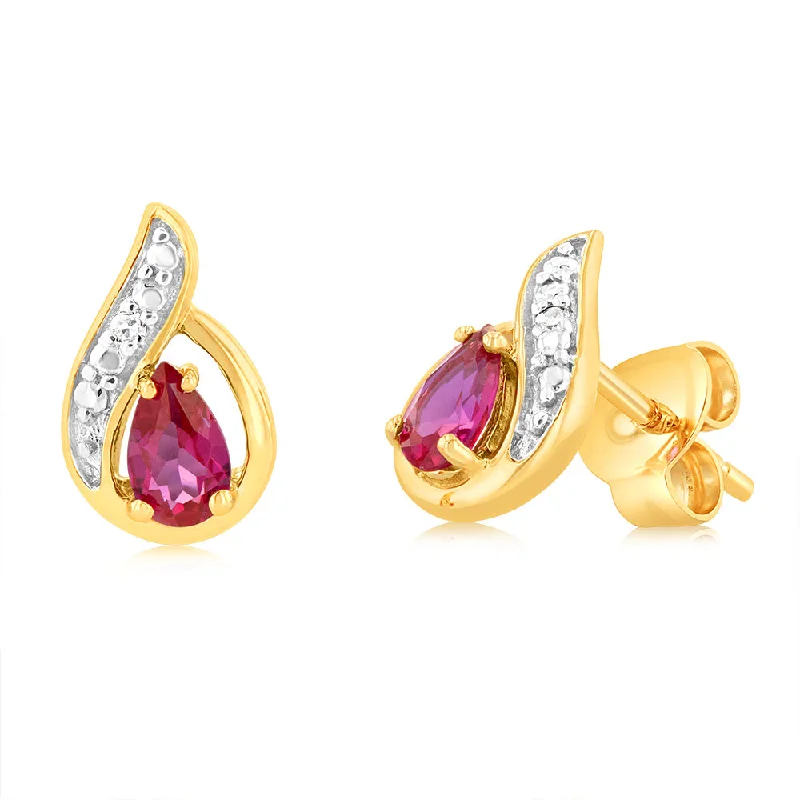 chic gold drop earrings for women -Created Ruby 3x5mm Stud Earrings in 9ct Yellow Gold