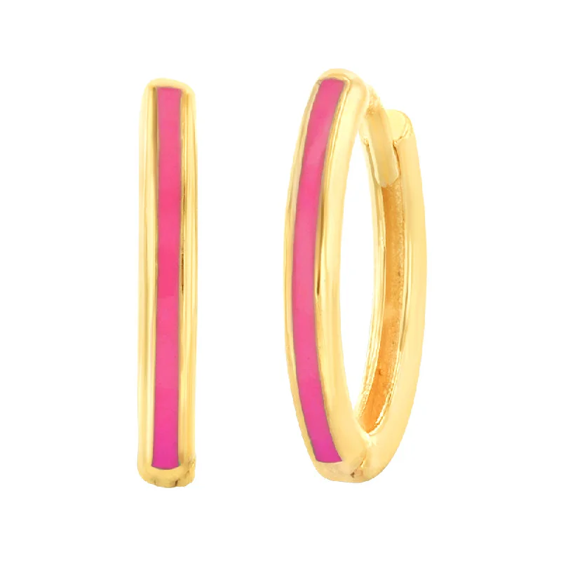 luxurious diamond stud earrings for women -9ct Yellow Gold Dark Pink Enamel On Sleeper Hoop Earrings