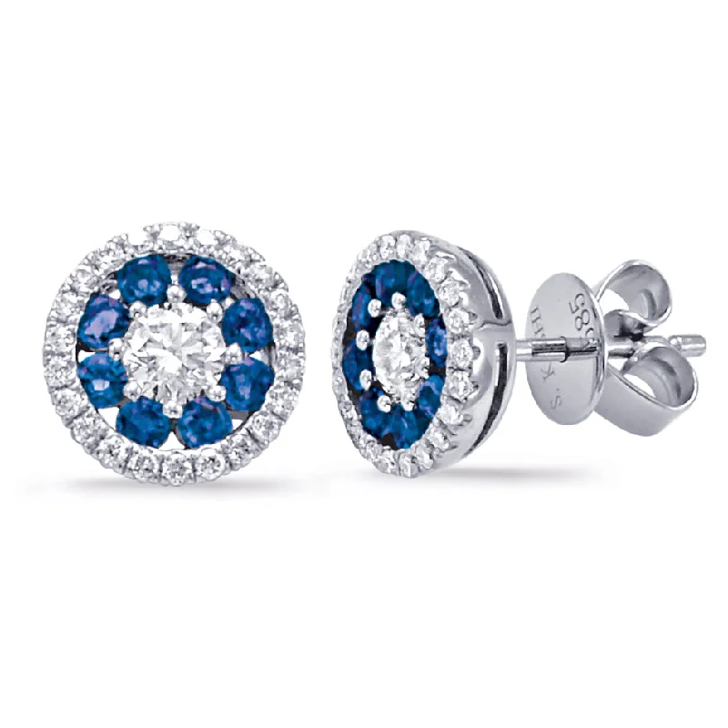 luxury gemstone earrings with crystals for women -14K White Gold Sapphire & Diamond Round Halo Cluster Stud Earrings