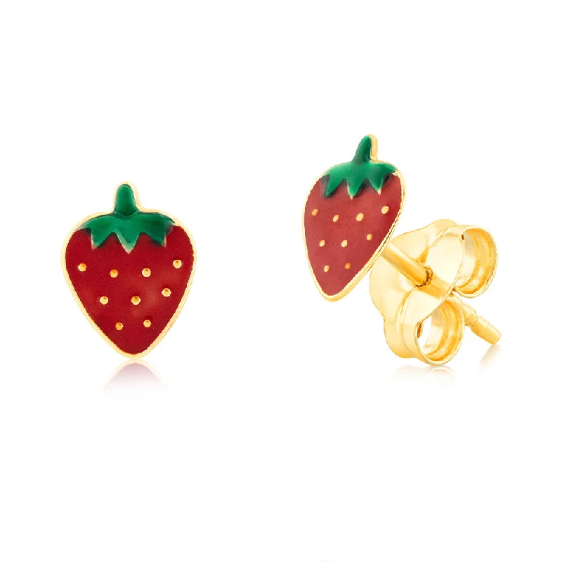 casual hoop earrings for women -9ct Yellow Gold Enamel Strawberry Stud Earrings