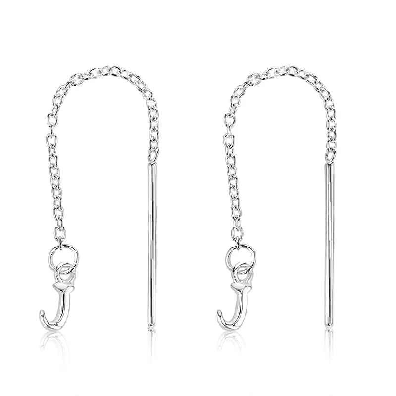 trendy hoop earrings for women -Sterling Silver Initial J Threader Drop Earrings