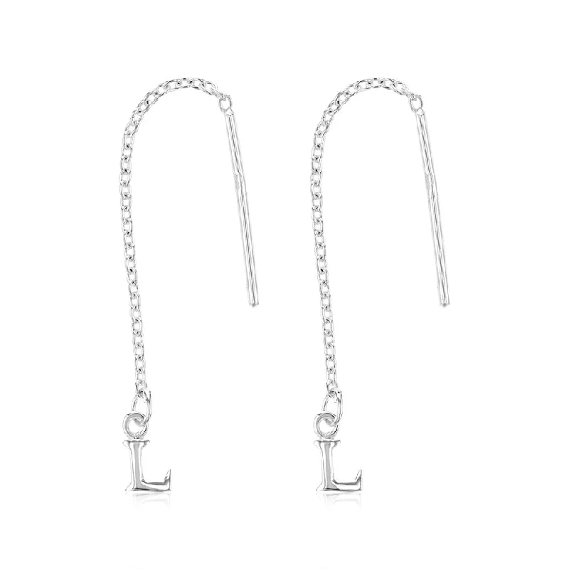 crystal hoop earrings for women -Sterling Silver Initial L Threader Drop Earrings