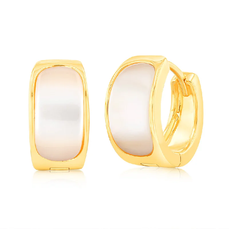 glamorous gemstone earrings for women -Sterling Silver Gold Plated Mother Of Pearl Huggies Hoop Earrings