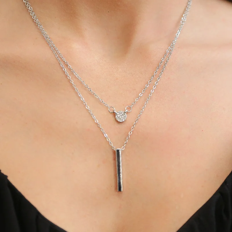 radiant pendant necklaces for women -CALISTA -  Silver Double Chain Necklace with Rod and Circular Charm