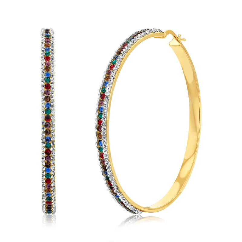 classic gold earrings for women -9ct Yellow Gold Silverfilled Multicolour And White Crystal 50mm Broad Hoop Earrings