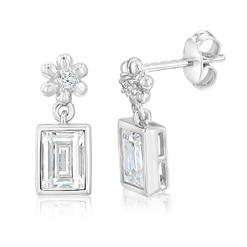 sapphire earrings for women -Sterling Silver Baguette Cut Cubic Zirconia Drop Earrings