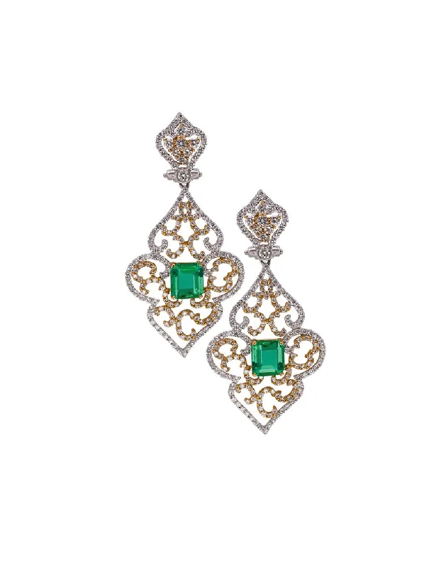 fashion drop earrings with gemstones for women -18K White and Yellow Gold, Emerald and Diamond earrings