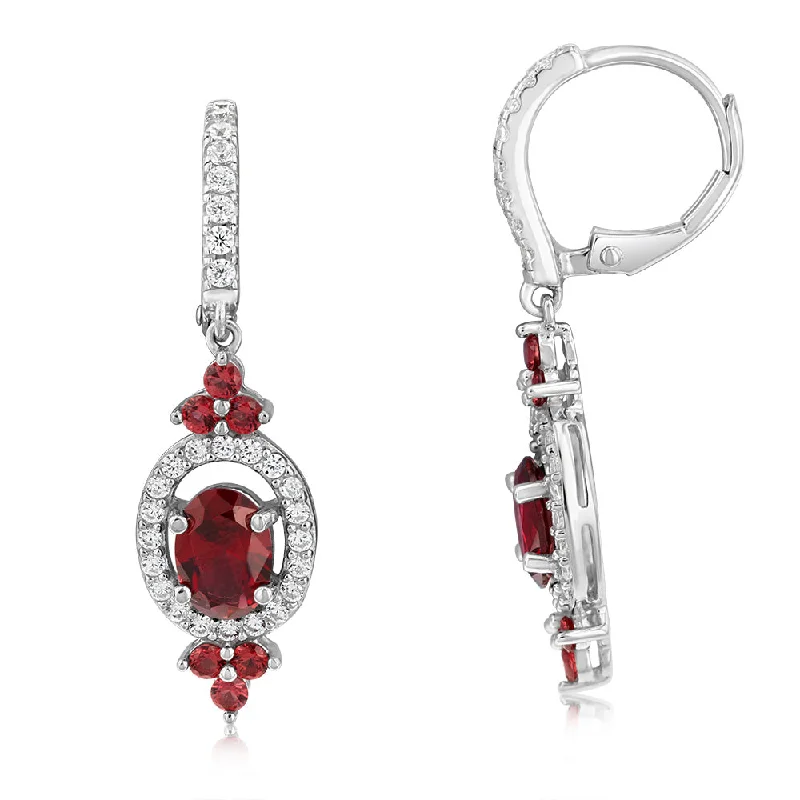 radiant gemstone stud earrings for women -Sterling Silver Rhodium Plated Red Stone White Cubic Zirconia Drop Earrings