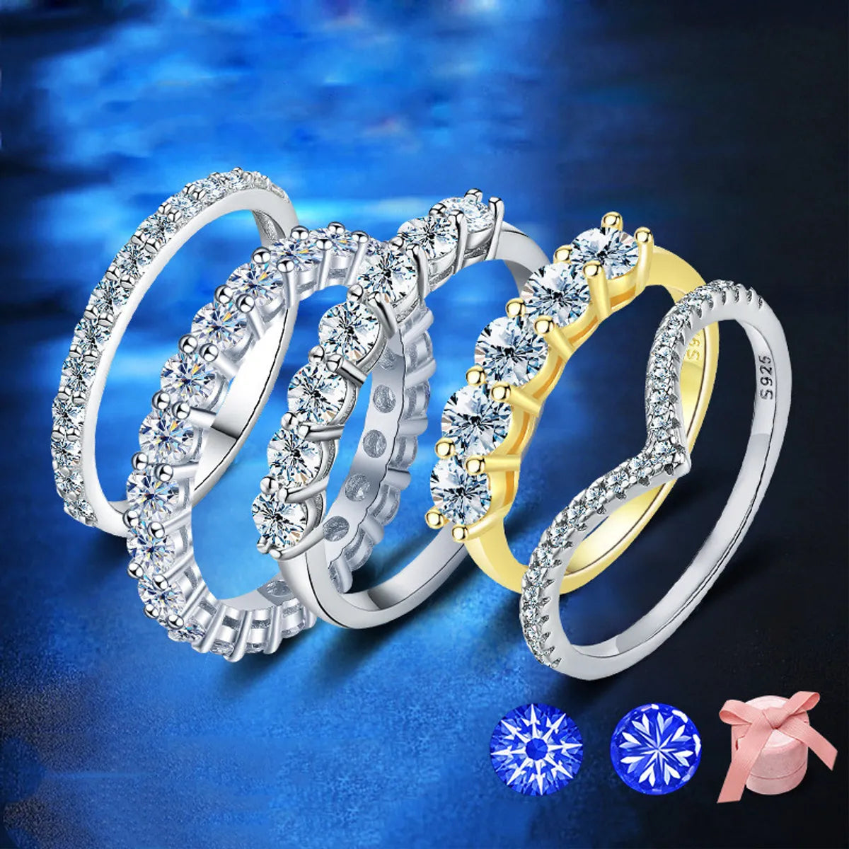 white gold rings with diamonds for women -Elegant Round Sterling Silver Moissanite Rings In Bulk