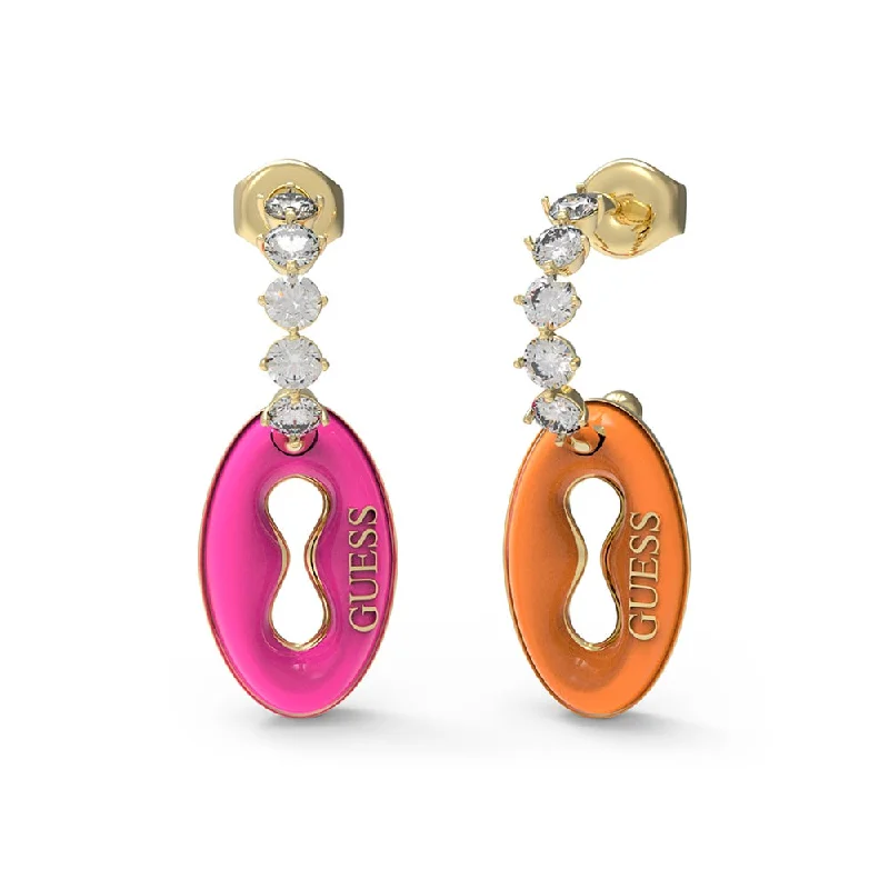 statement silver earrings for women -Guess Gold Plated Stainless Steel 30mm Pendant Rainbow Earrings