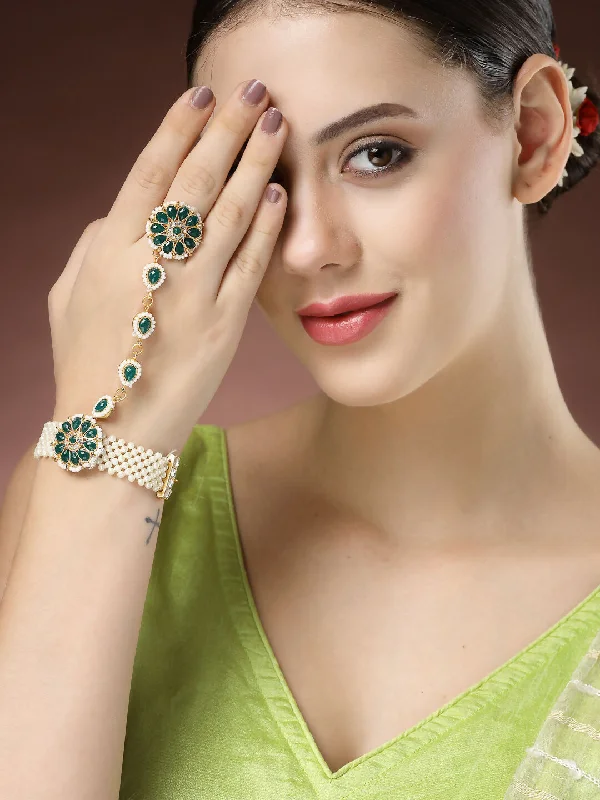 luxurious silver chain bracelets for women -NVR Women's Green Gold-Plated Stone Studded Handcrafted Ring Bracelet