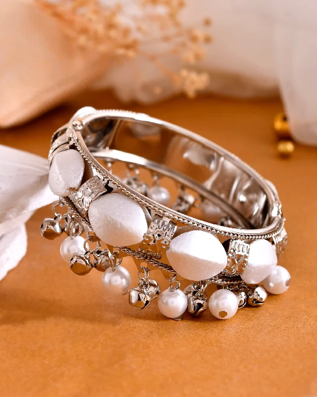 chic silver charm bracelet sets for women -VOJ Silver-Plated Pearl And Ghungroo Studded Oxidized Cuff Bracelet