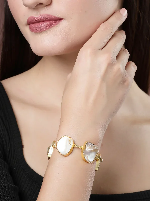 chic gold charm bangle bracelets for women -NVR Women's Gold-Plated Handcrafted Mother of Pearl Link Bracelet