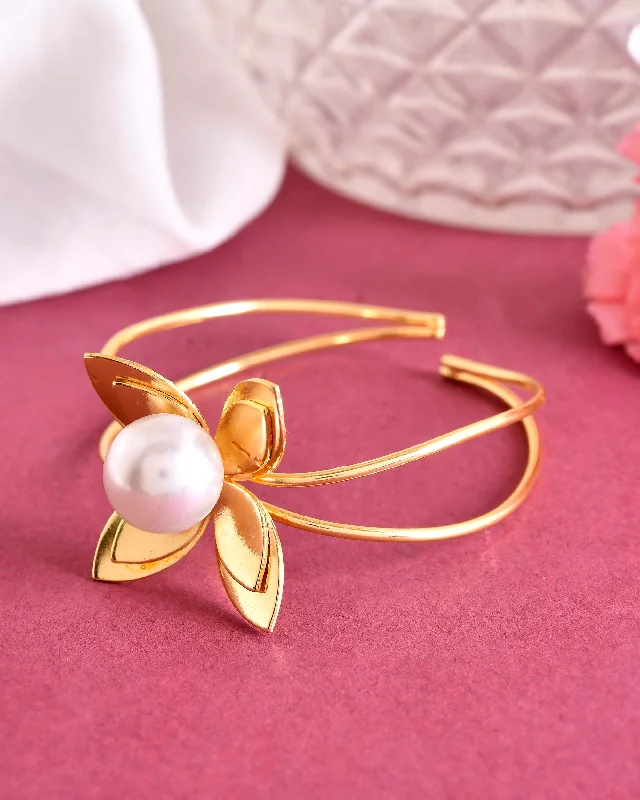 radiant silver charm bangle sets for women -VOJ Gold Plated Flower Shaped With Pearl In Center Kada Bracelet