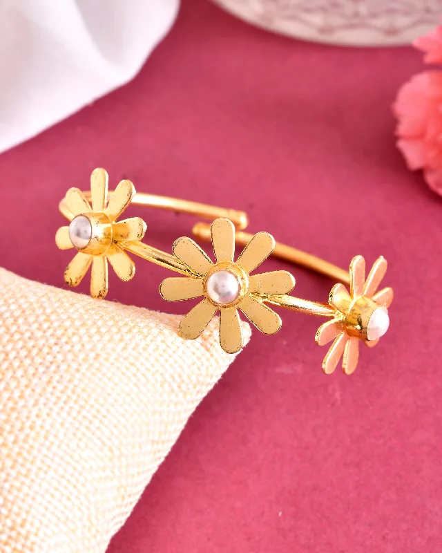 radiant gold charm bracelets for women -VOJ Gold Plated with 3 Flower and Pearl Kada Bracelet