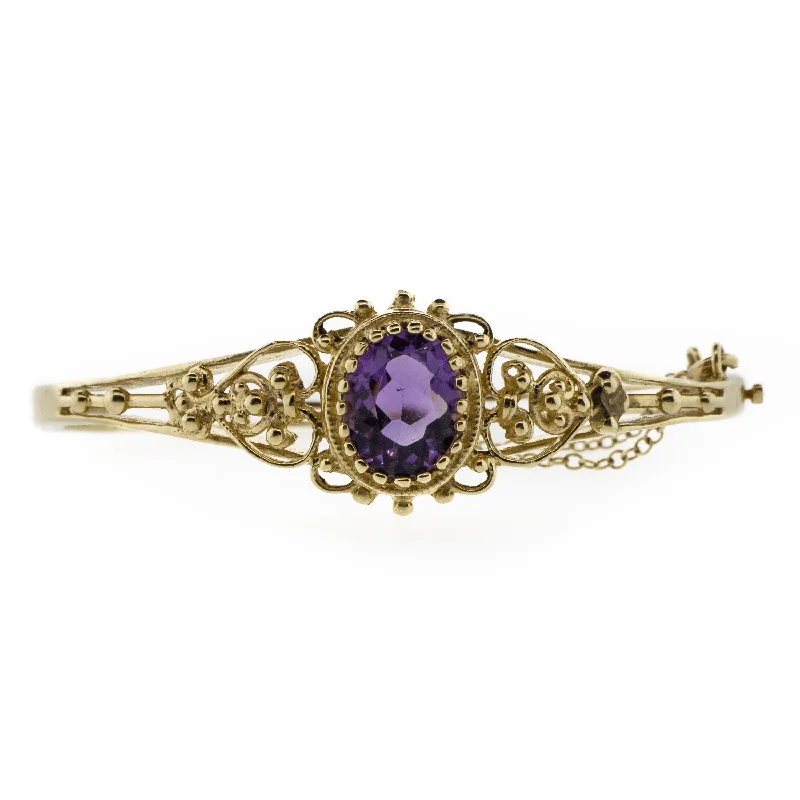 luxury charm bangle sets for women -Yellow Gold Filigree and Oval Amethyst Hinge Cuff Bracelet