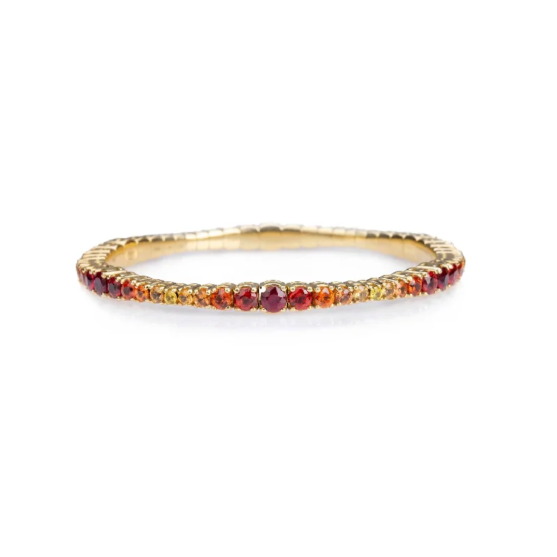 trendy cuff bracelets with gemstones for women -18K Gold Stretch Ruby, Orange & Yellow Sapphire Ombre Tennis Bracelet