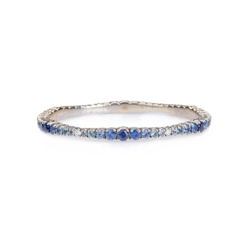 trendy gold bangles with crystals for women -18K Gold Stretch Blue Sapphire and Diamond Ombre Tennis Bracelet