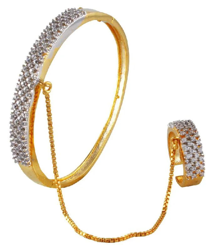 sophisticated leather bangles for women -Gold-Plated Alloy American Diamond Bracelet With Ring - The Pari