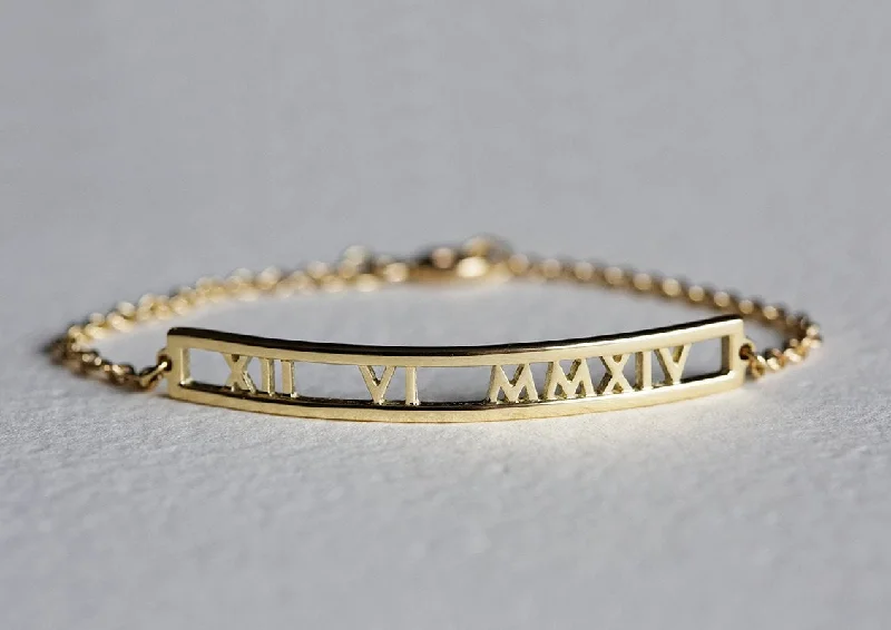 radiant diamond bangle sets for women -Roman Numerals Date Gold Bar Bracelet