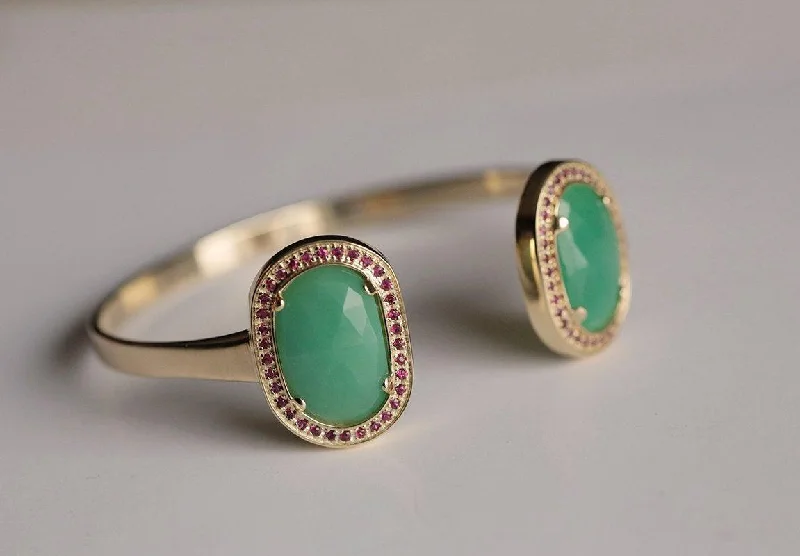 radiant gold charm bangle bracelets for women -Wide Cuff Gold Bracelets with Chrysoprase Gems & Ruby Halos