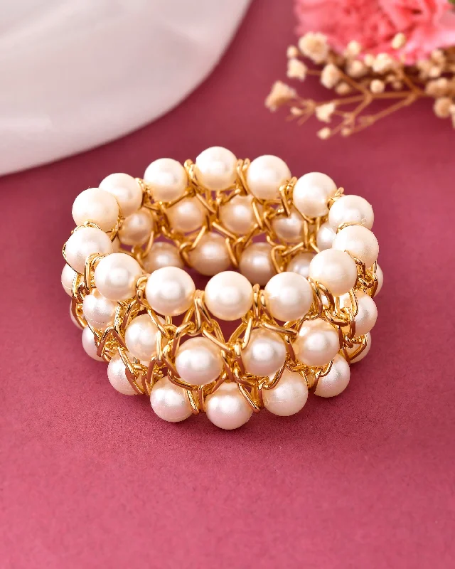 luxurious gold bracelet sets for women -VOJ Women White and Gold Toned Perals Gold Plated Multi Strand Bracelet