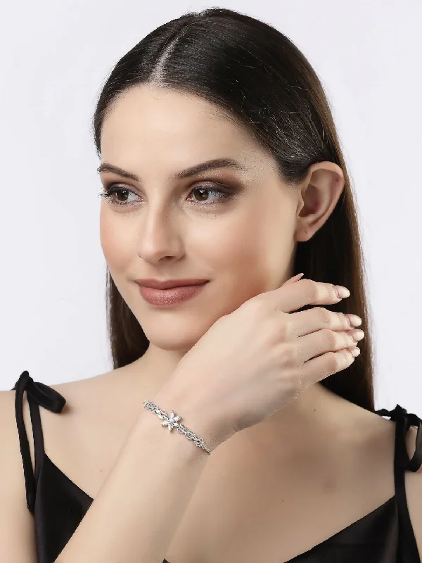 sparkling gemstone charm bangle bracelets for women -NVR Women Silver-Plated Handcrafted American Diamond Link Bracelet